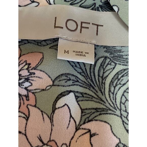 Ann Taylor LOFT Green Floral Ruffle Sleeve Tie Neck Bow Shirt Blouse Top Size M - Picture 3 of 4